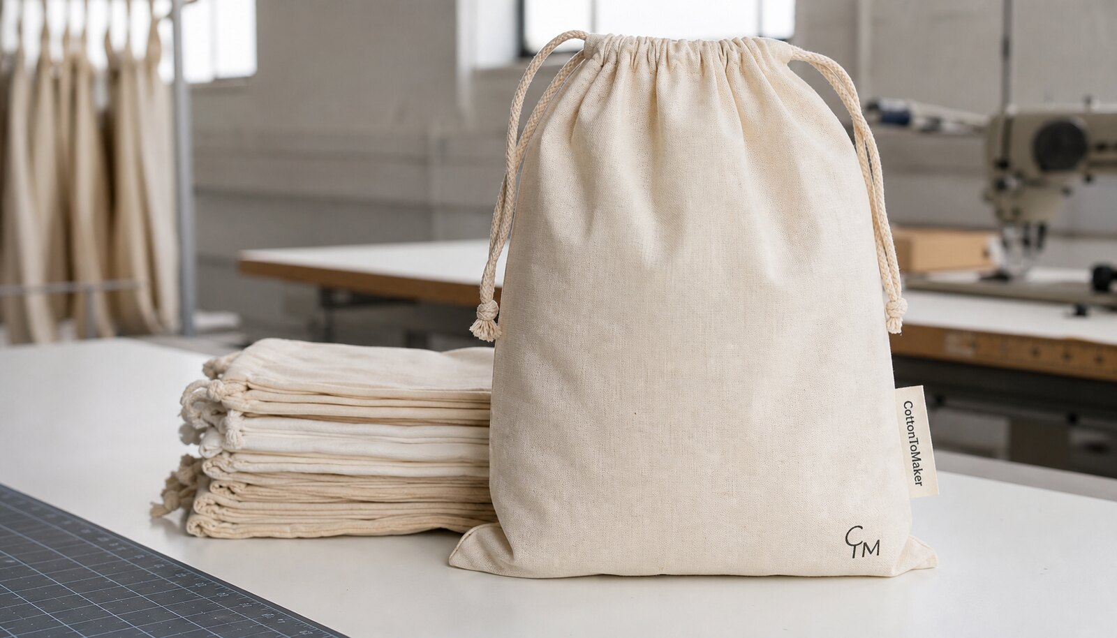 Organic cotton produce bags with a small CTM logo printed on the front in a clean factory sample room