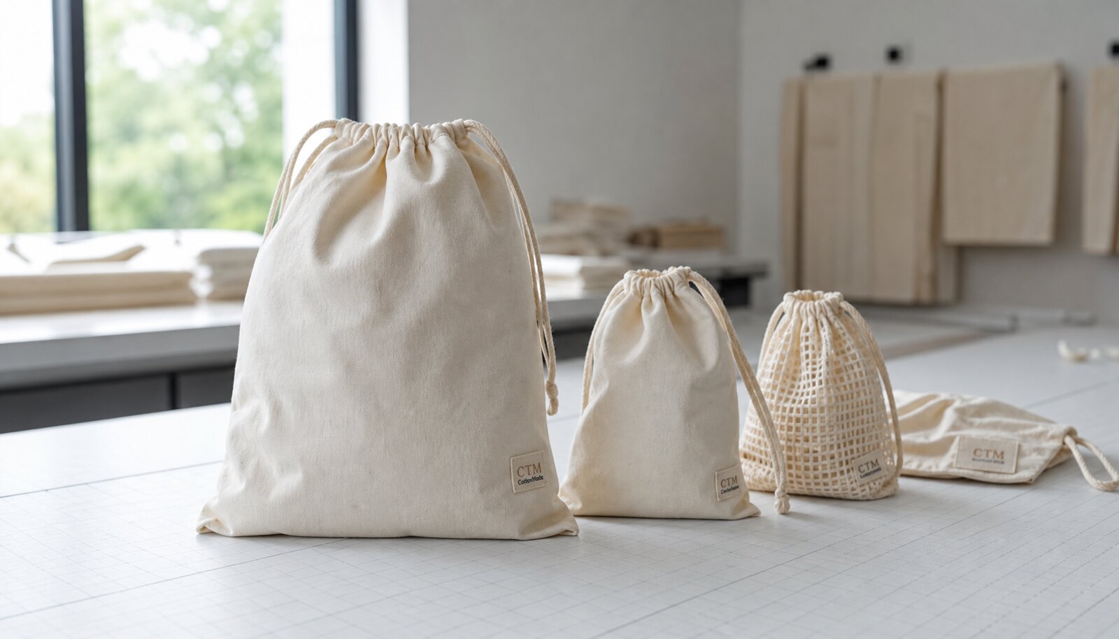 Organic cotton produce bags with a small CTM CottonToMaker sample logo in a clean factory sample room