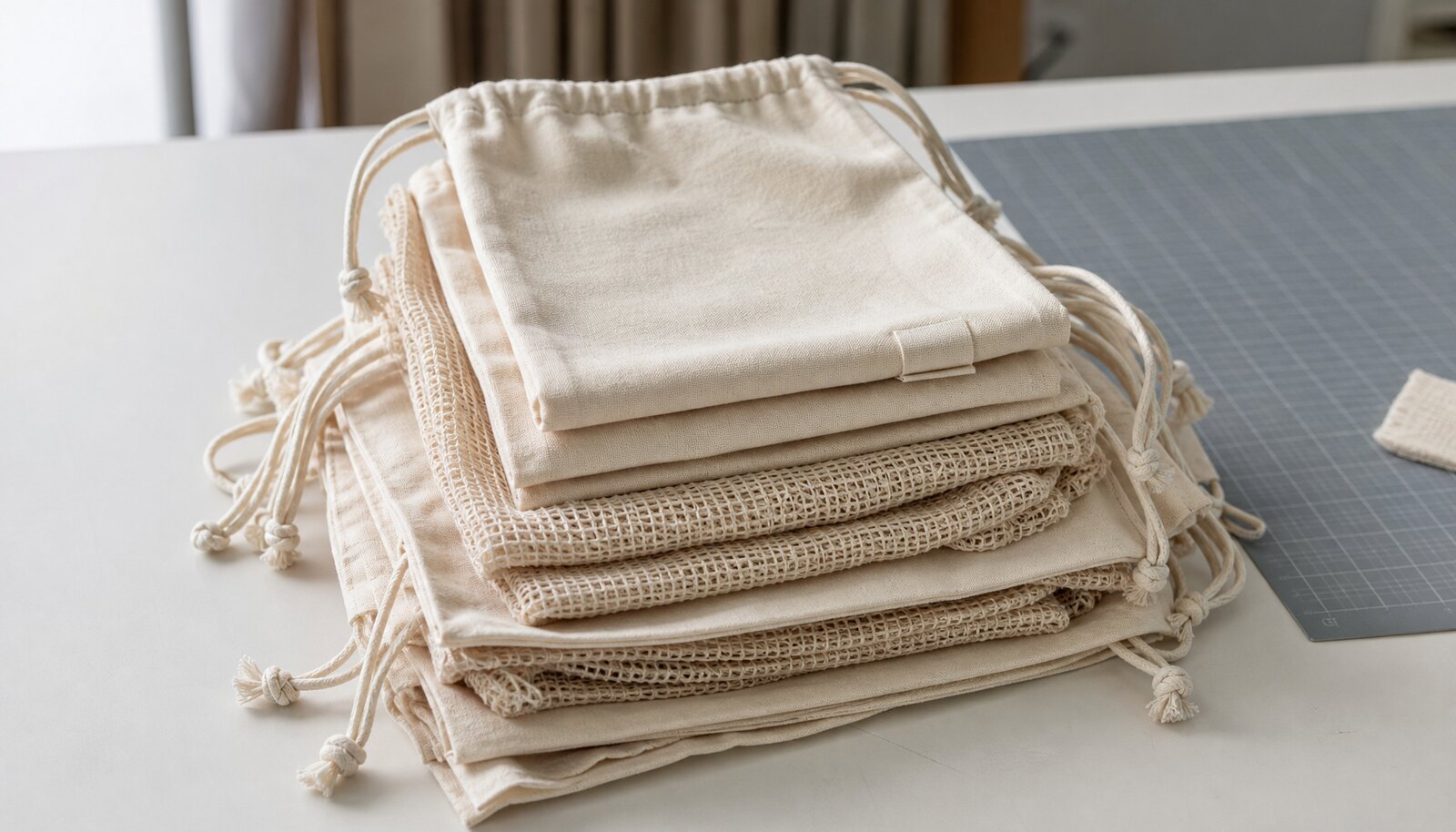 Organic cotton produce bags displayed in a factory sample room with mesh and solid construction visible