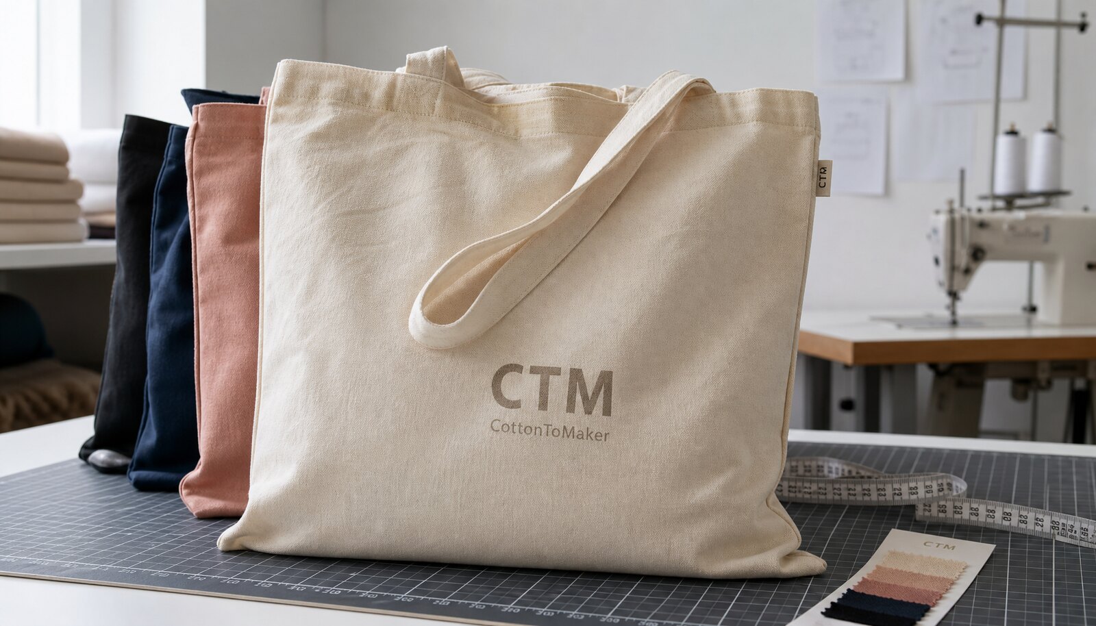 Organic cotton promotional bags for retail shown as factory samples with a simple CTM logo printed on the bag