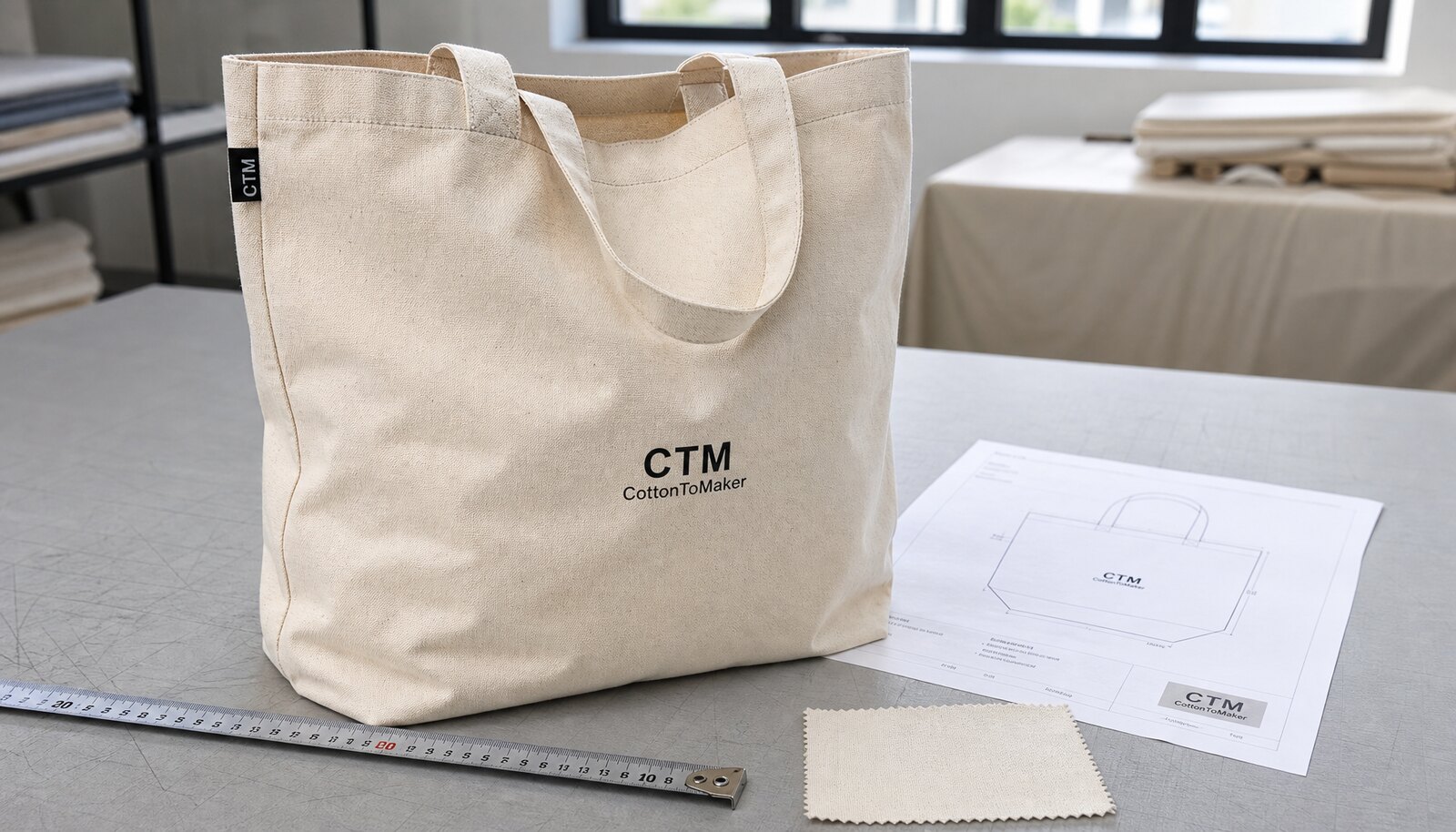 Organic cotton tote bag with a simple CTM logo print shown in a factory sample room for proof review.