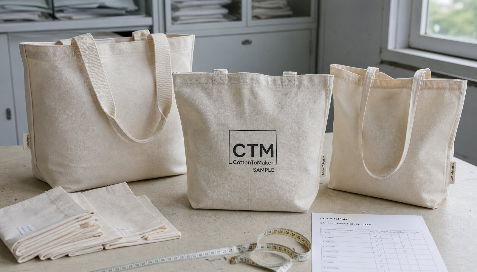 Organic cotton tote bag samples with CTM logo and inspection checklist on a factory sample room table