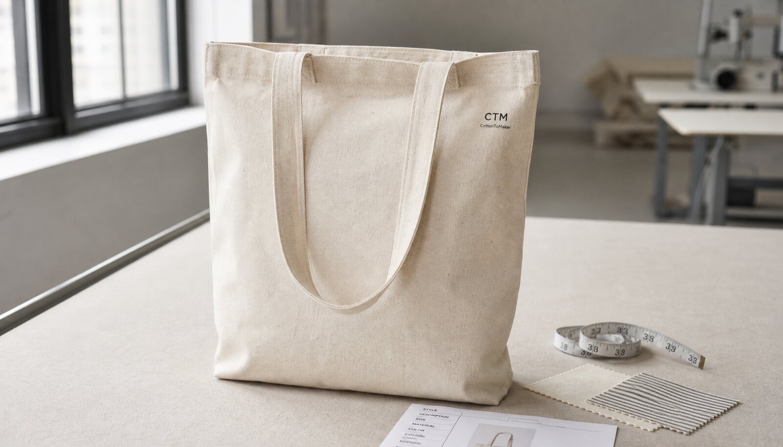 Organic cotton tote bag with CTM sample logo photographed in a factory sample room