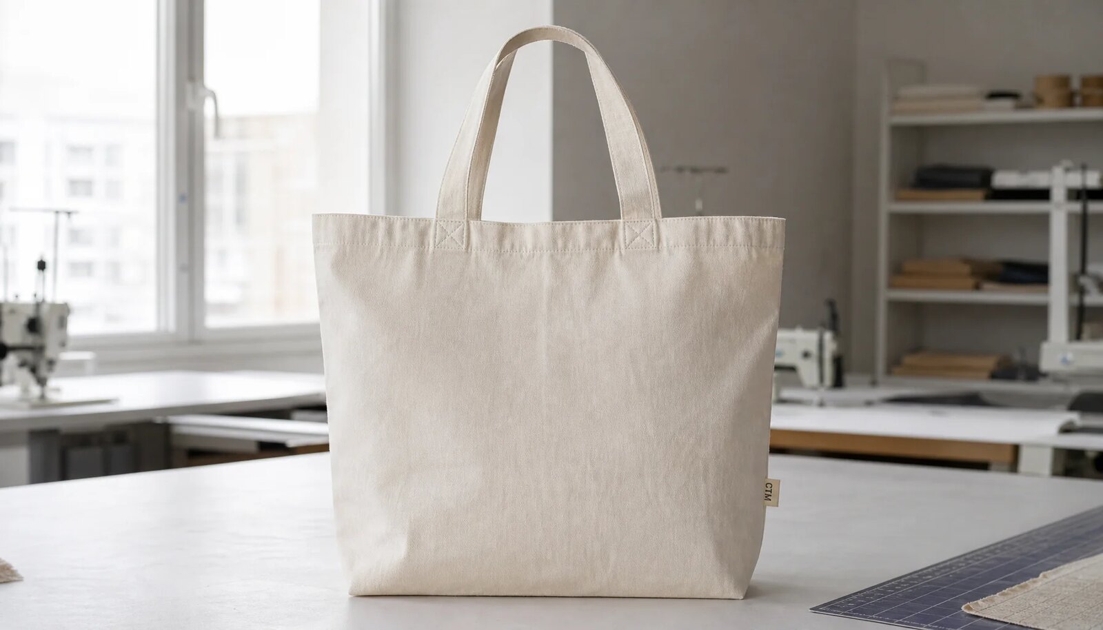 Organic cotton tote bag in a factory sample room with a sewn CTM CottonToMaker side label and visible reinforced stitching