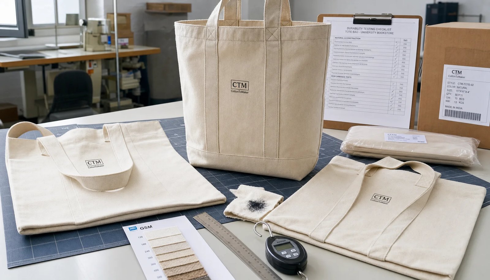 Organic cotton tote bag samples inspected for fabric weight, seam allowance, handle strength, print rub resistance, and packing quality