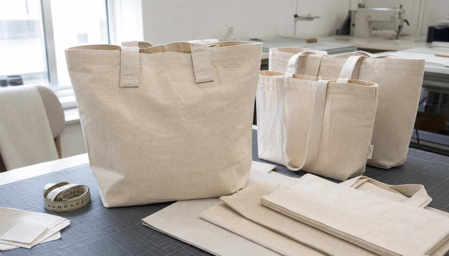 Organic cotton tote bag samples with CTM logo, fabric swatches, ruler, scale, and stitching details for comparing fabric weights.