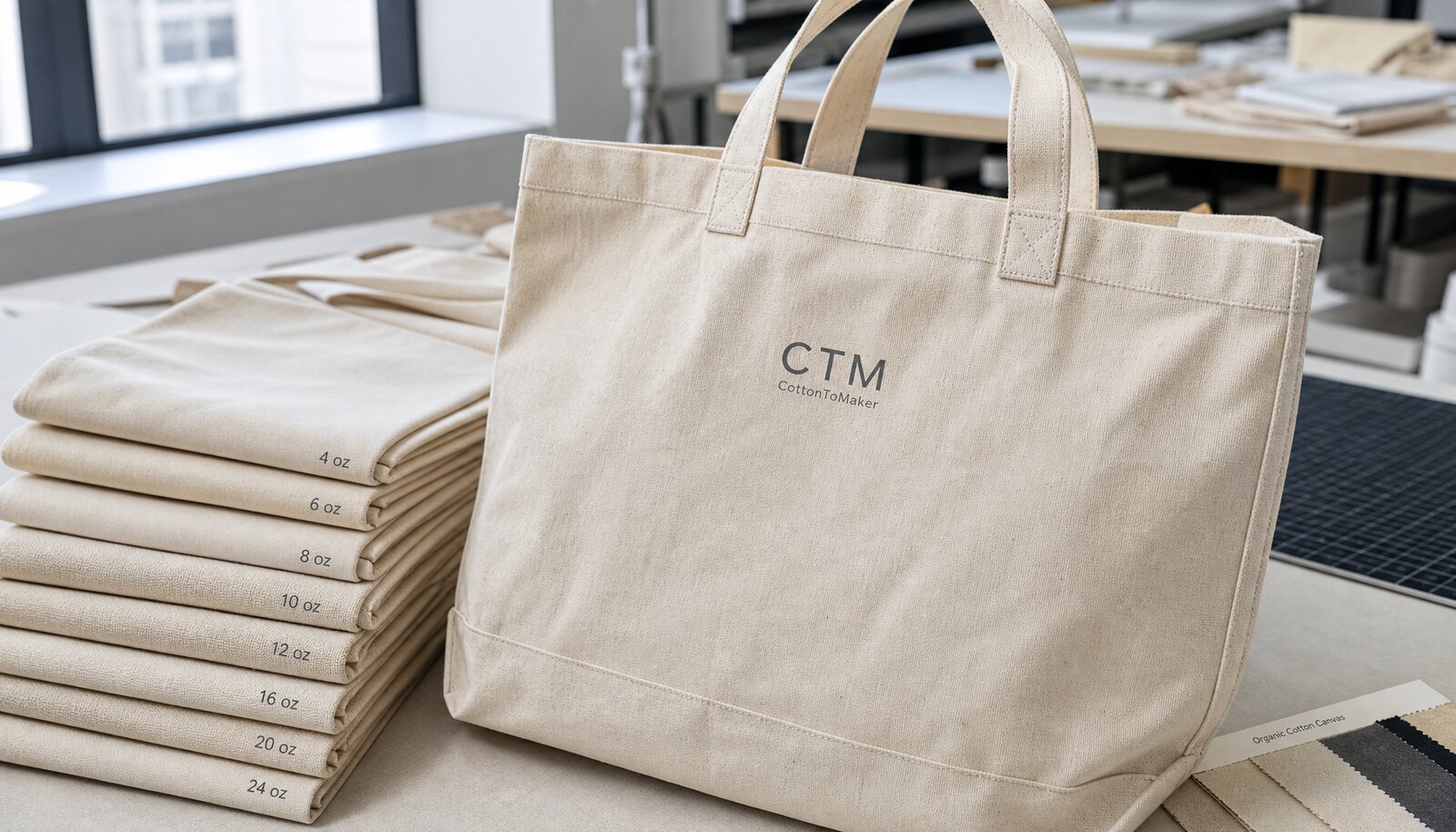 Organic cotton tote samples in different fabric weights with visible stitching and a simple CTM/CottonToMaker logo