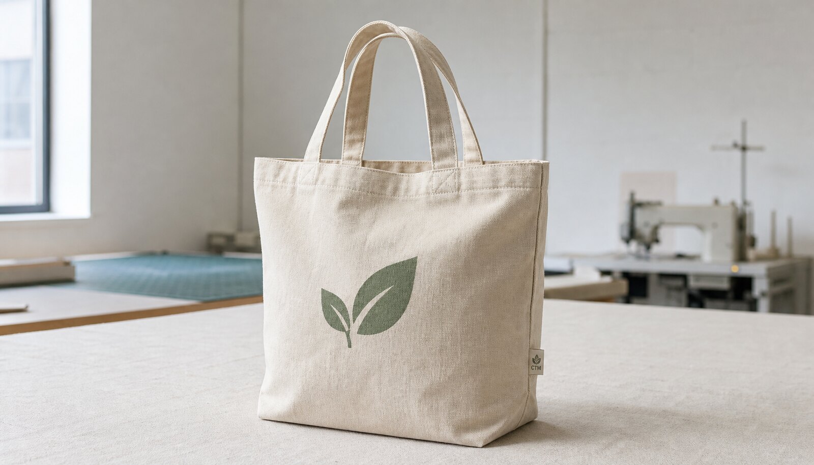 Organic cotton tote bag in a factory sample room with a visible CTM side label and one-color print