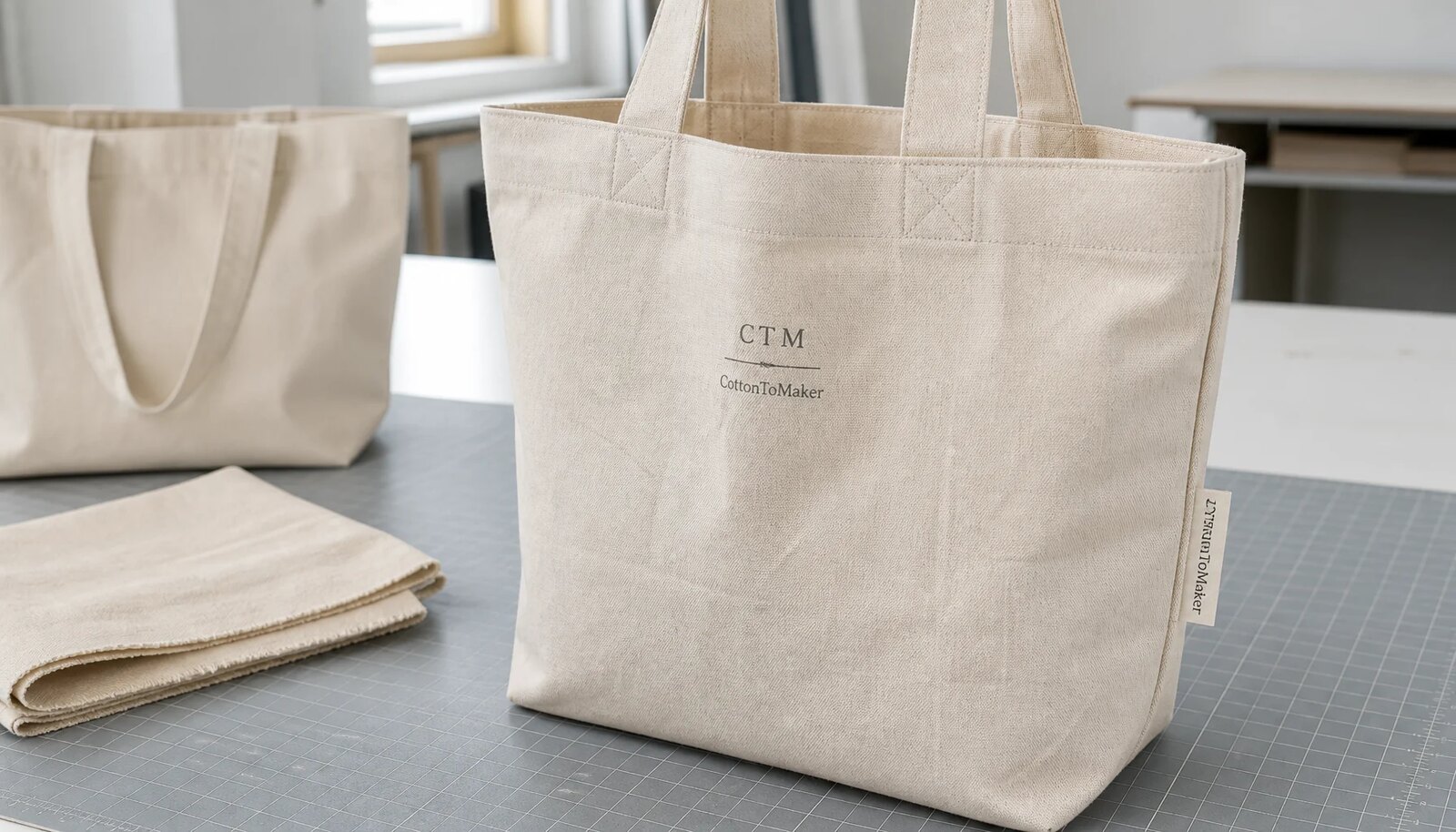 Organic cotton tote with a simple CTM logo shown in a factory sample room.