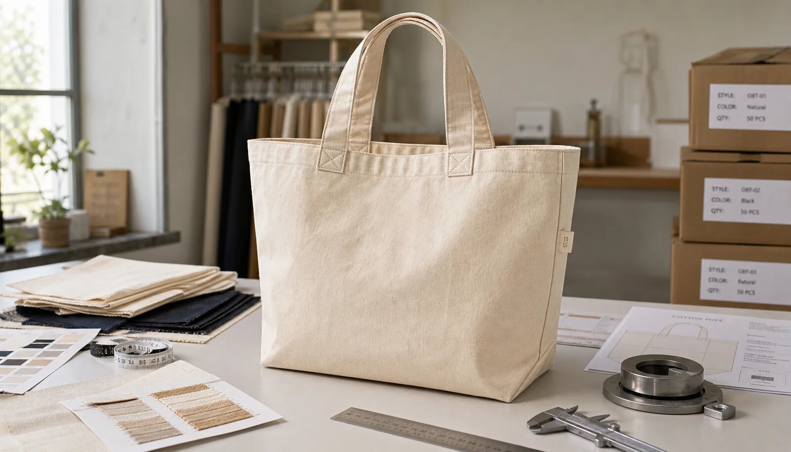 Organic cotton tote bag in a factory sample room with fabric swatches, measuring tools, stitching details, and labeled cartons