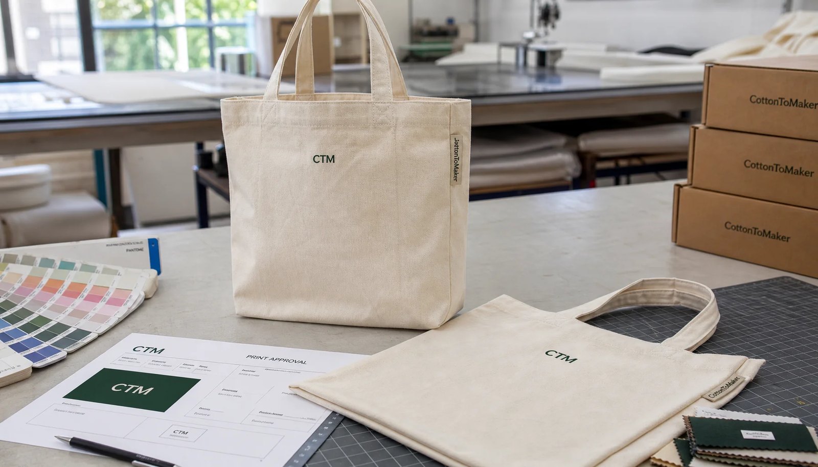 Organic cotton tote bag sample with CTM logo being checked against print proof and color swatches in a factory sample room
