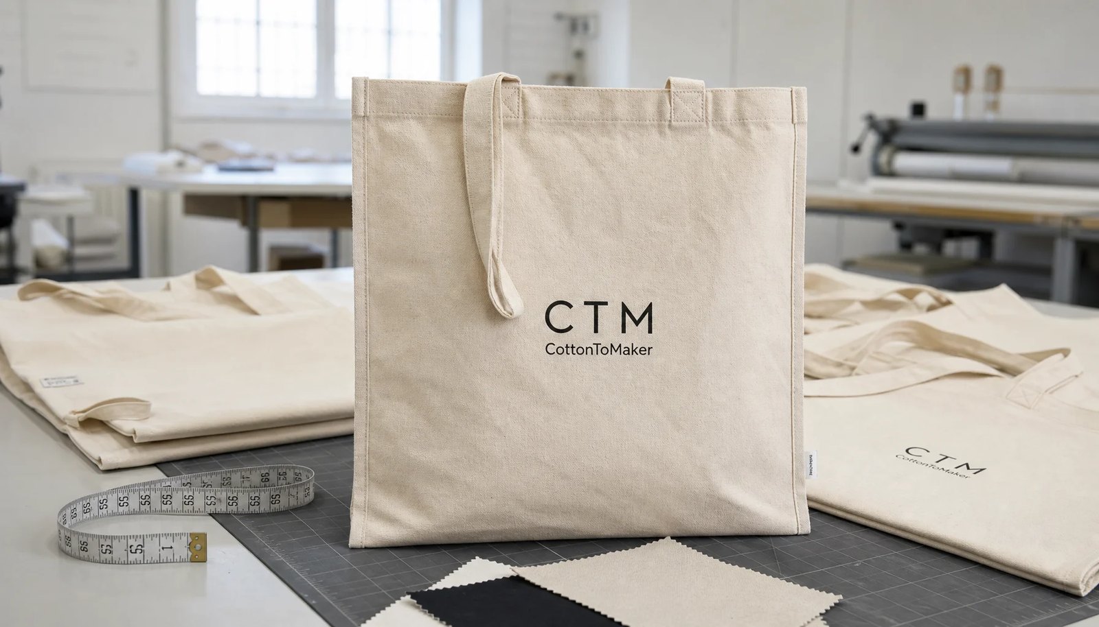 Organic cotton tote bag sample with CTM logo print proof in a factory sample room