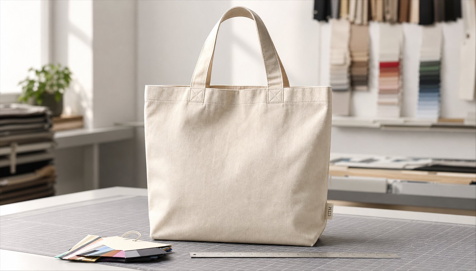 Organic cotton tote bag with a small CTM sample logo on a sewn side label in a factory sample room.