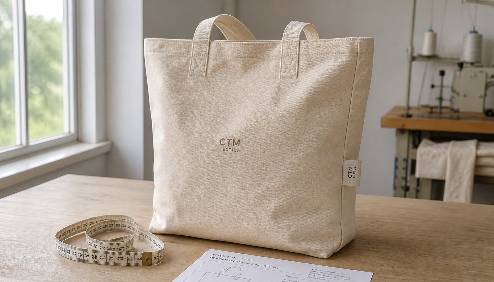 Organic cotton tote bag with CTM sample logo in a clean factory sample room for winery buyer inspection