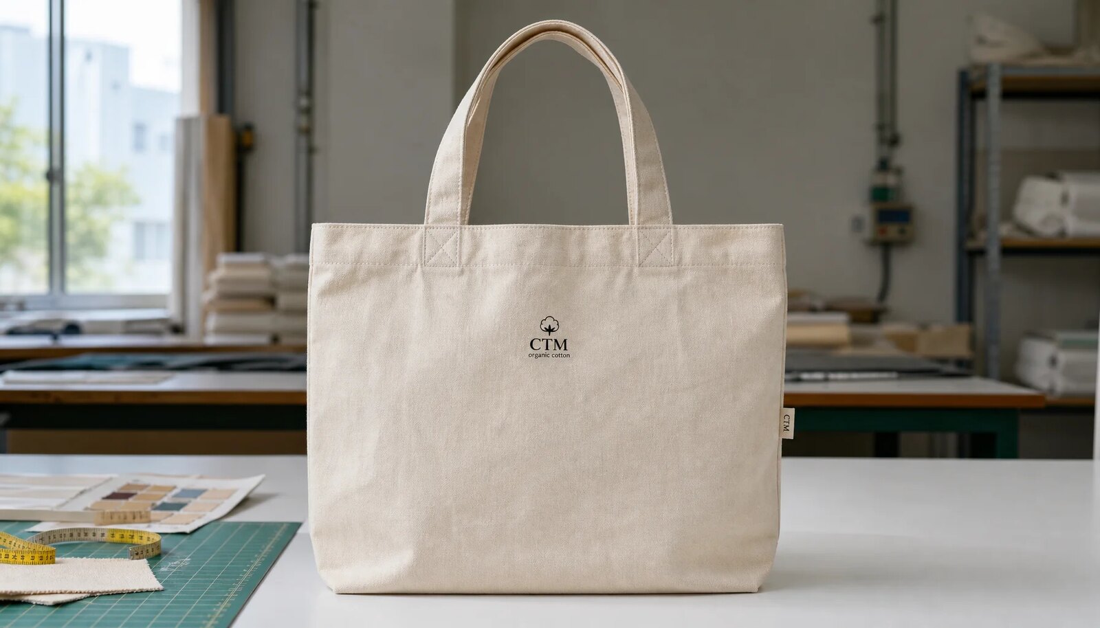 Organic cotton tote with CottonToMaker sample label in a factory sample room