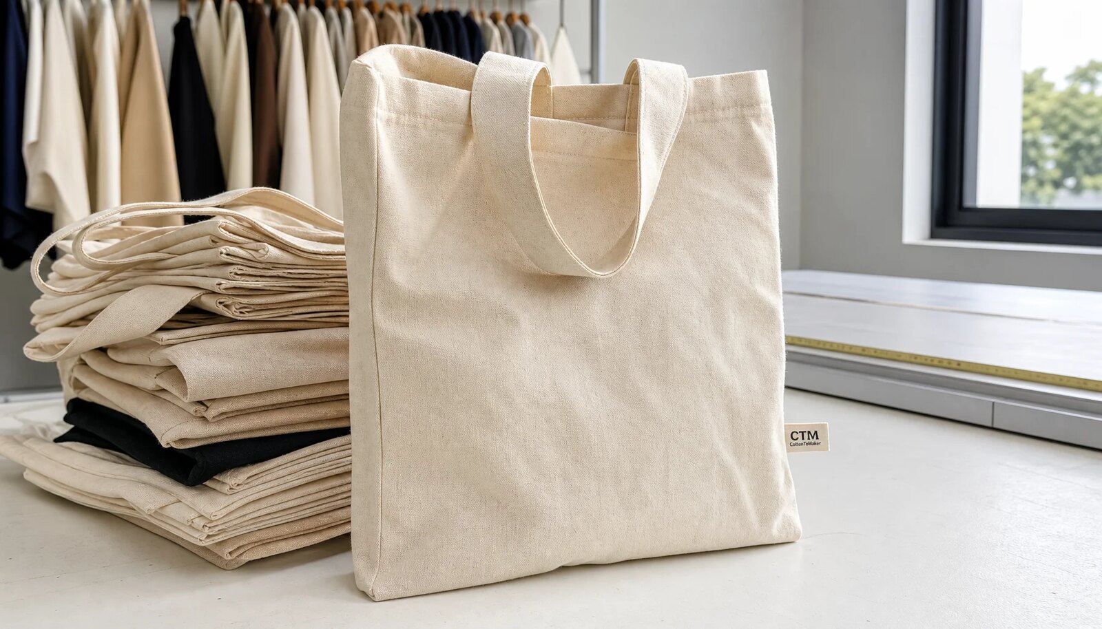 Organic cotton tote bags with a CTM CottonToMaker woven side label in a clean factory sample room