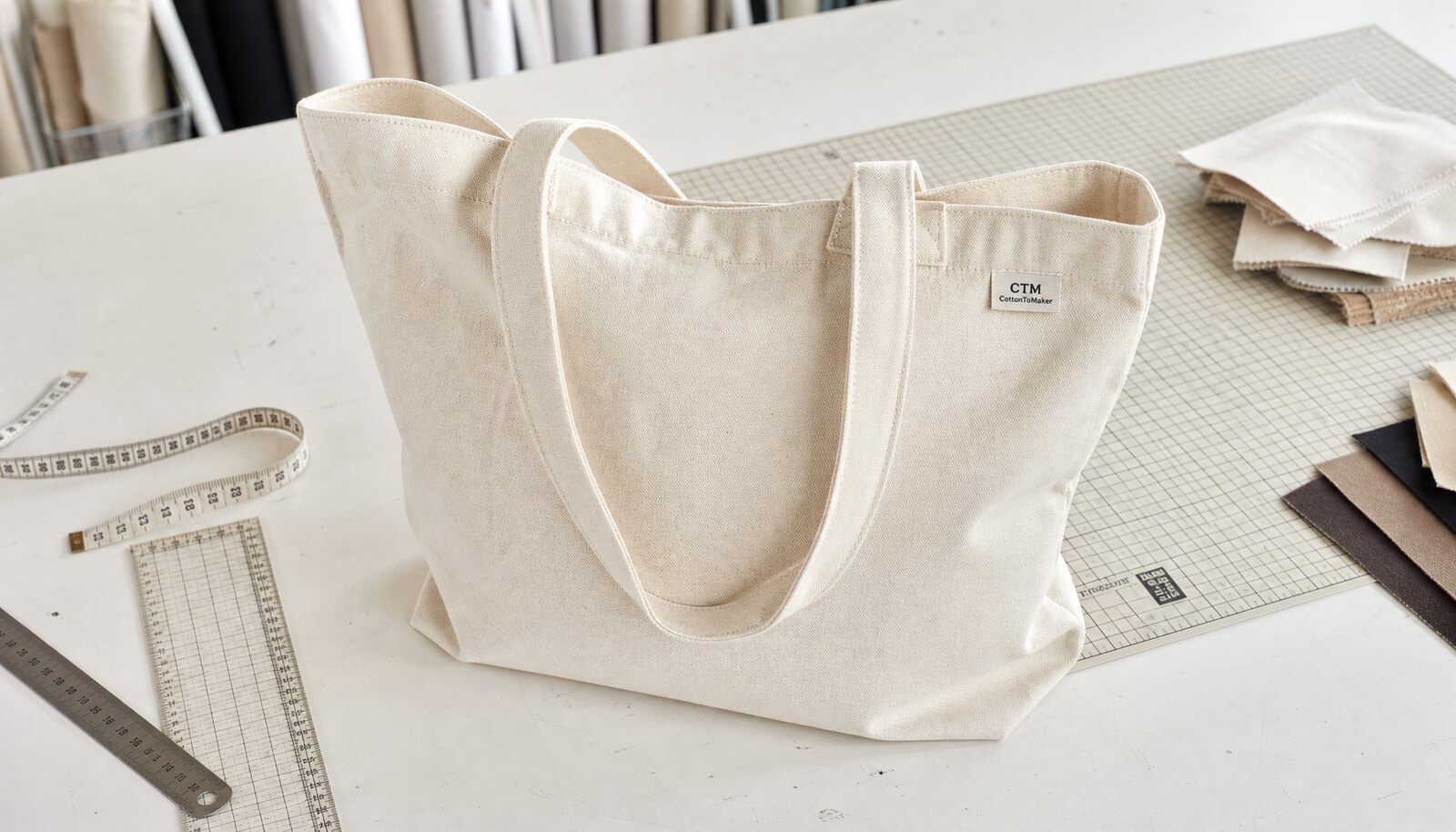 Organic cotton tote bag with a small CTM CottonToMaker label in a factory sample room