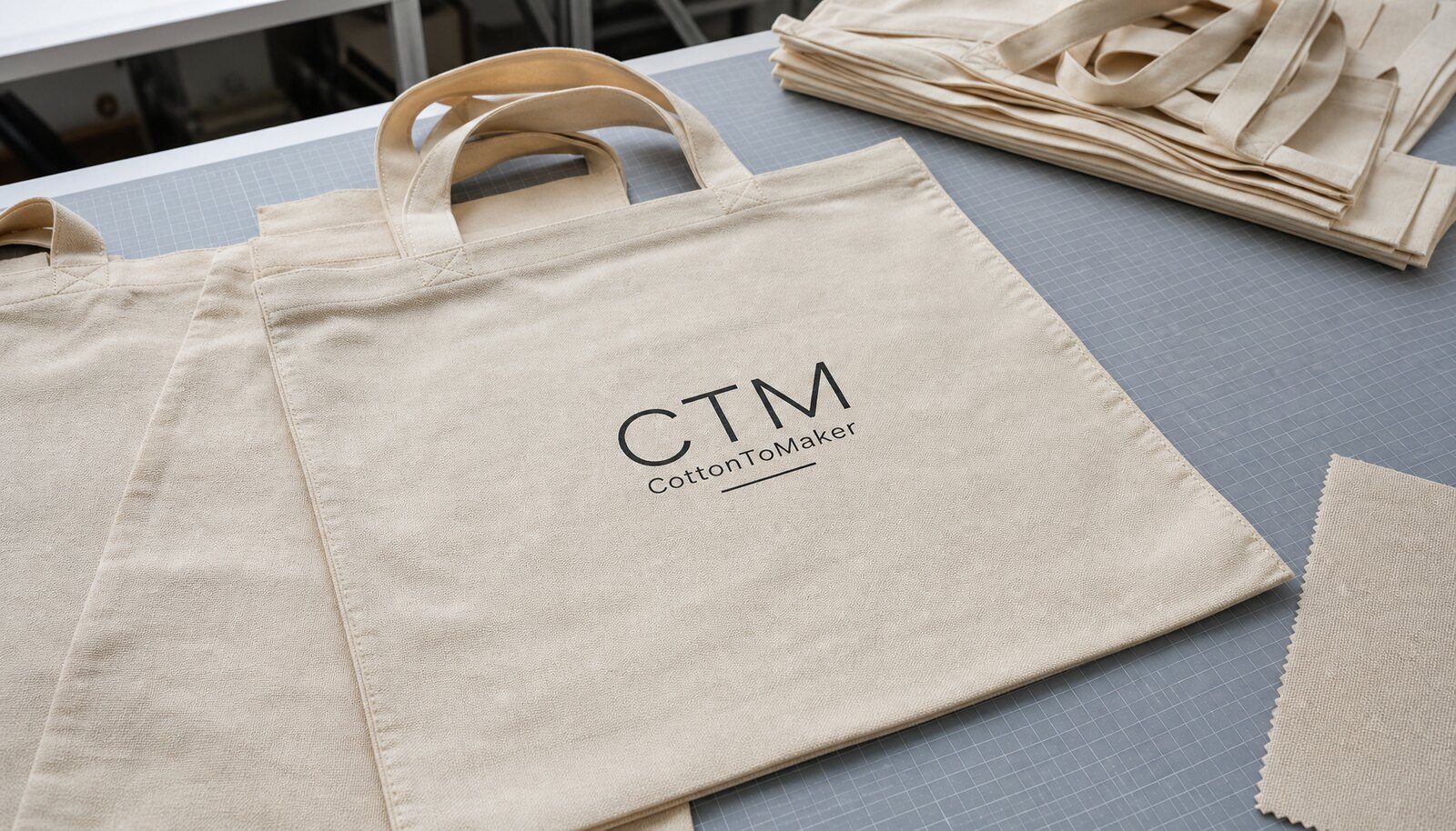 Organic cotton tote bag with a simple CTM / CottonToMaker sample logo printed on the front in a factory sample room.