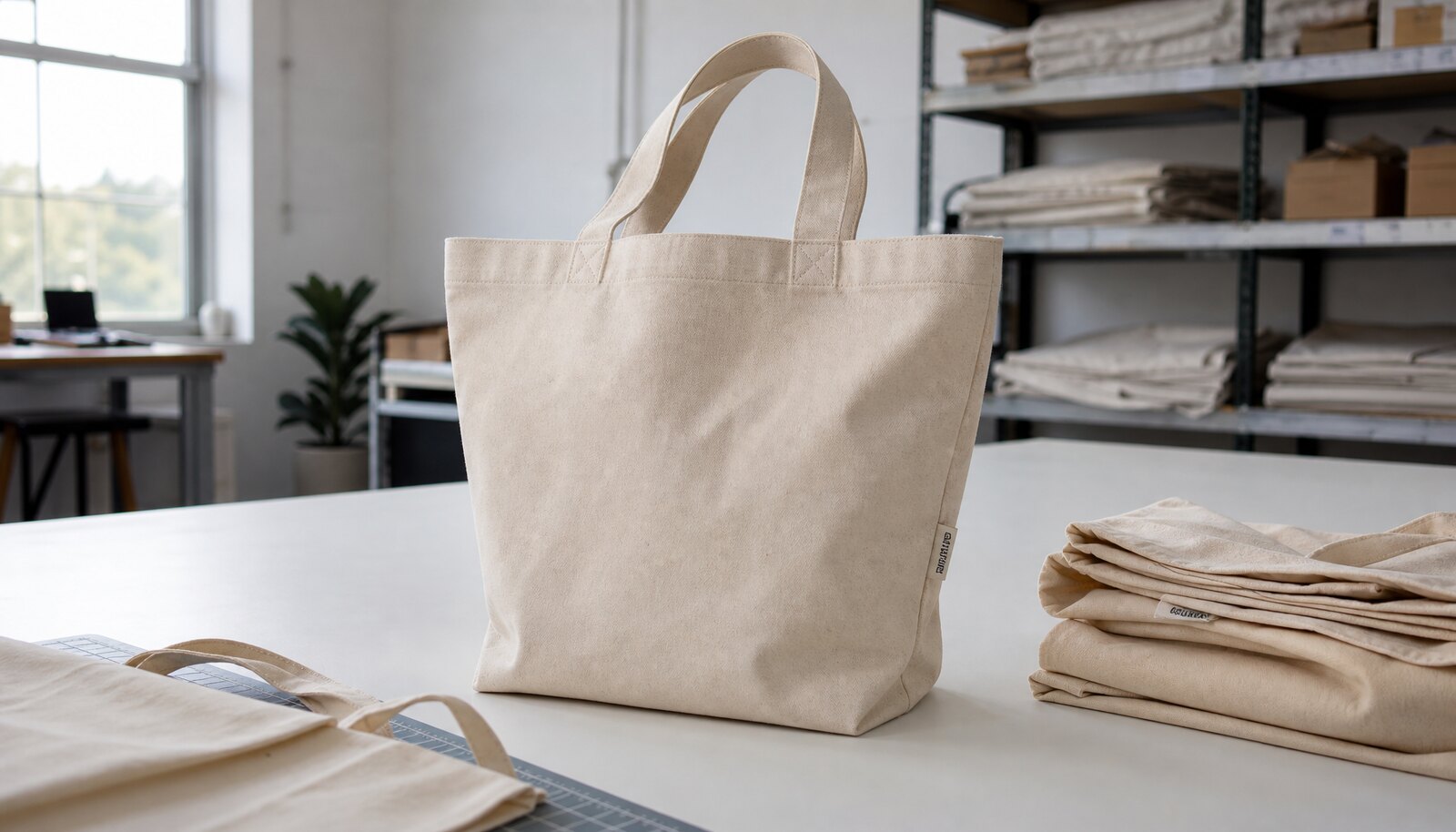 Organic cotton tote bag with a small CTM woven side label in a factory sample room