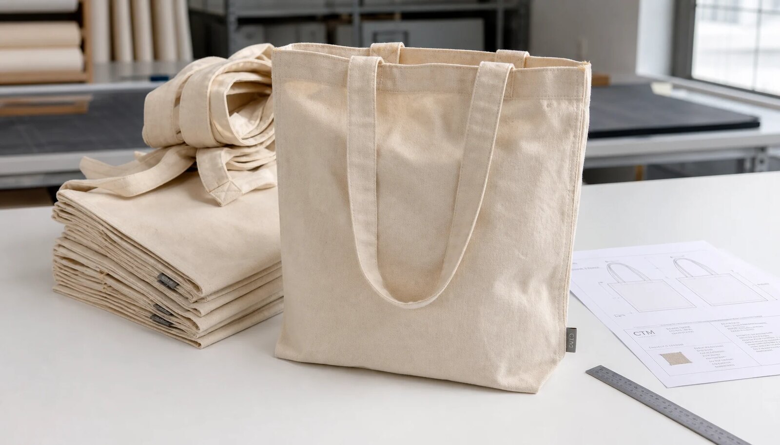 Organic cotton tote bags in a factory sample room with a sewn CTM CottonToMaker side label