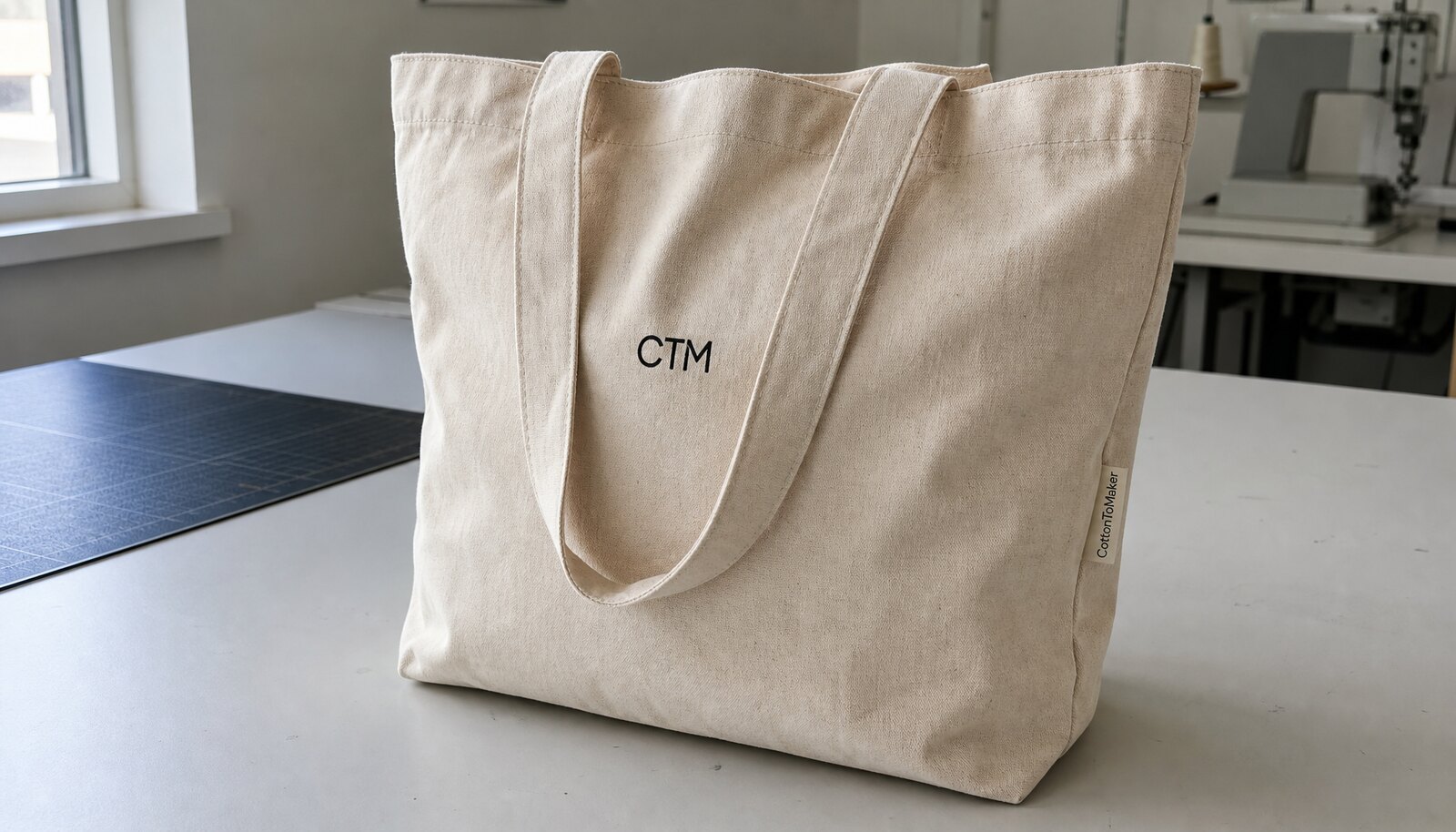 Organic cotton tote bag with a simple CTM logo printed on the front and a CottonToMaker woven side label in a factory sample room