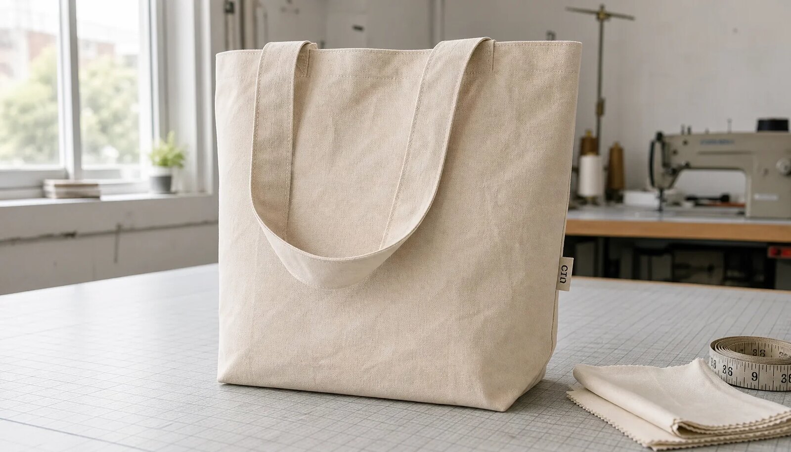 Organic cotton tote with a simple CTM/CottonToMaker woven side label in a factory sample room