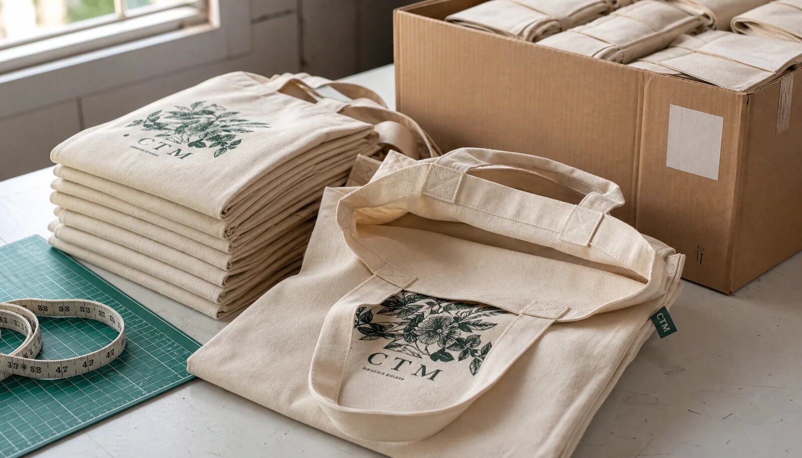 Organic cotton tote bag sample with carton packing bundles and QC inspection setup