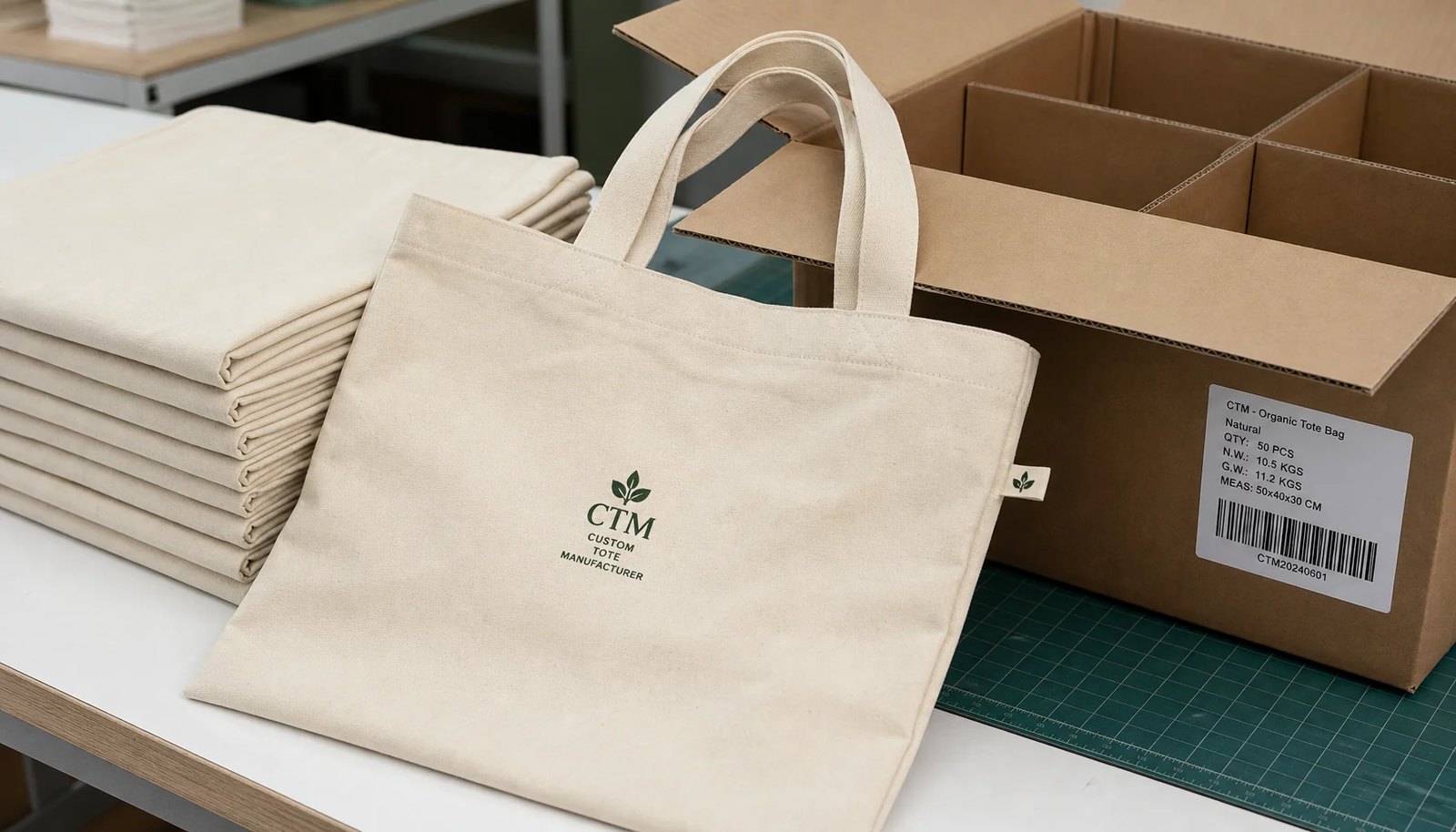 Organic cotton tote bags with CTM sample logo packed in an export carton for bookstore shipment