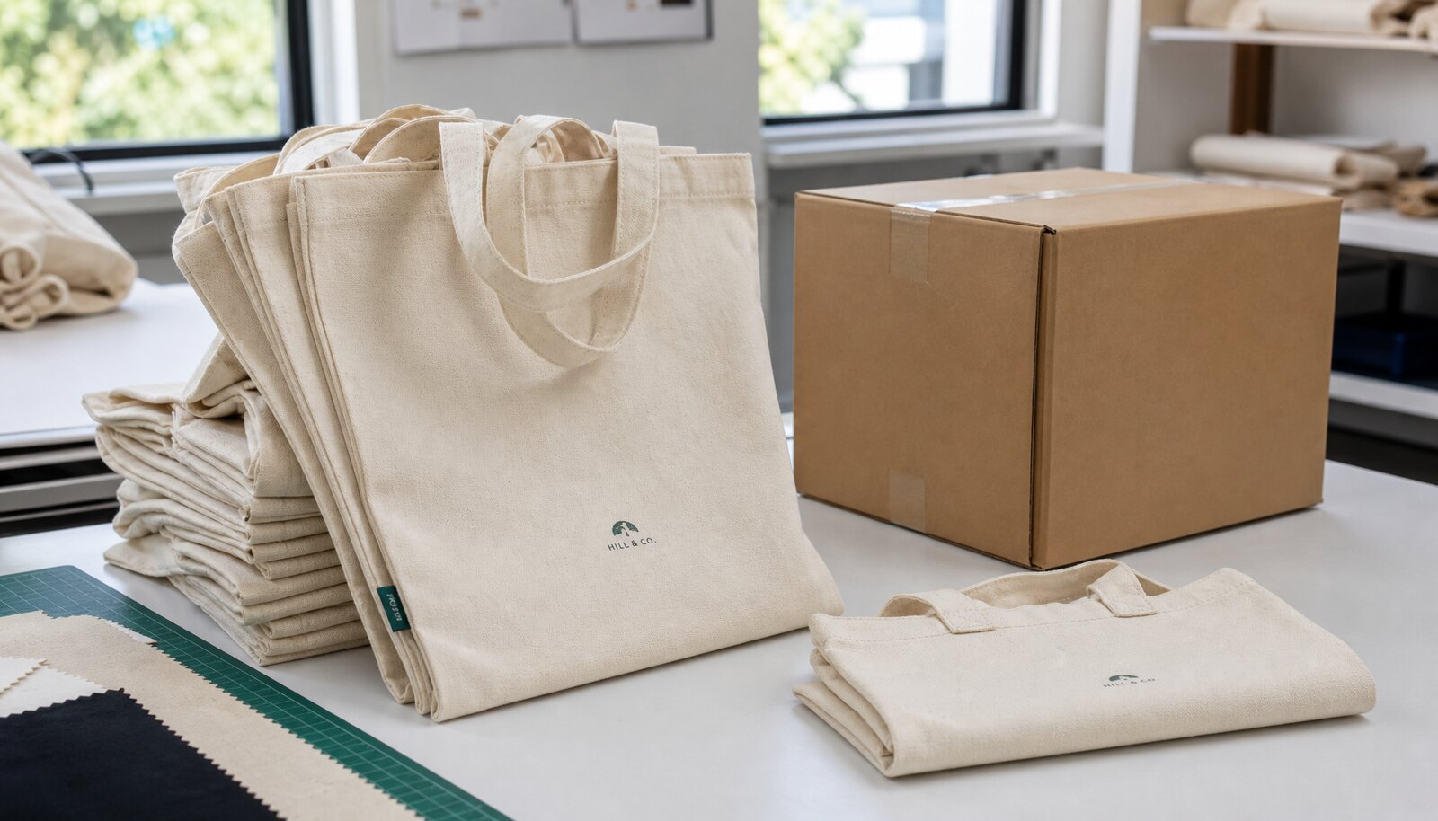 Organic cotton totes with a CTM sample logo in a factory sample room, packed for corporate gifting shipments.