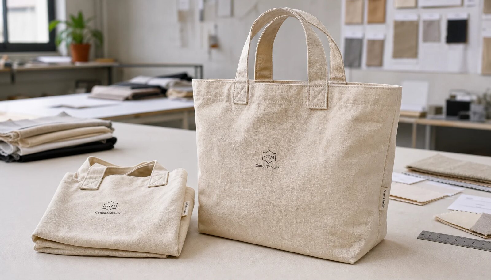 Organic cotton tote bag sample with CTM logo and reinforced handles in a factory sample room