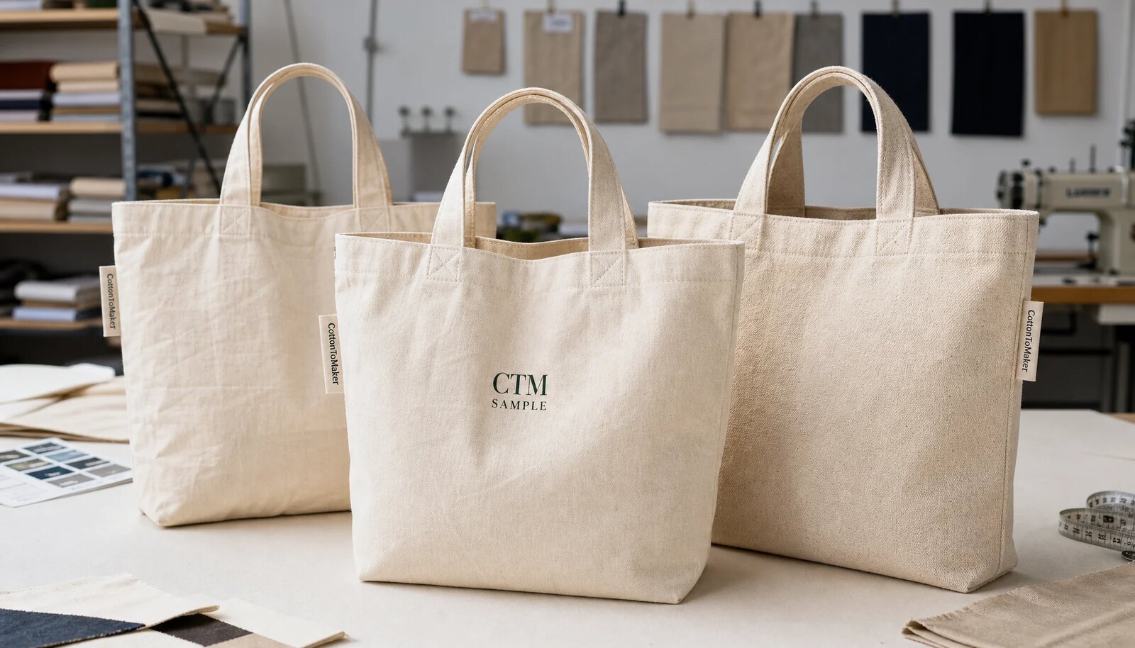 Organic cotton tote bag samples with CTM logo showing different fabric weights for craft fair sourcing
