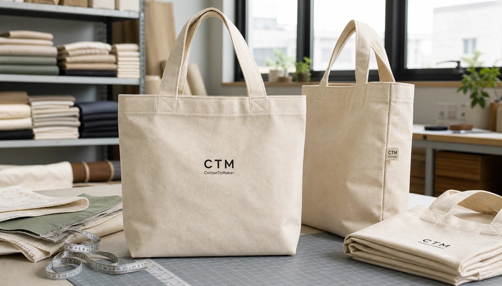 Natural organic cotton tote bags with CTM sample logo prepared for craft fair production review