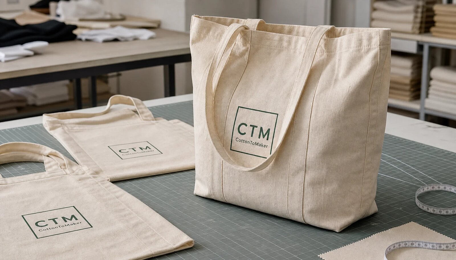 Natural organic cotton tote bag with CTM sample logo printed on front center panel