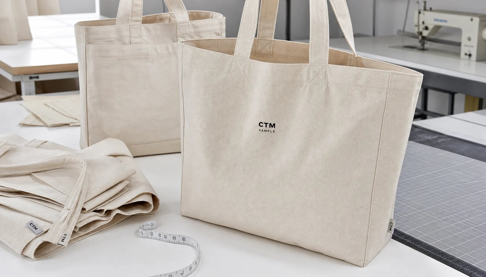 Natural organic cotton tote bag sample with CTM logo printed on the front panel