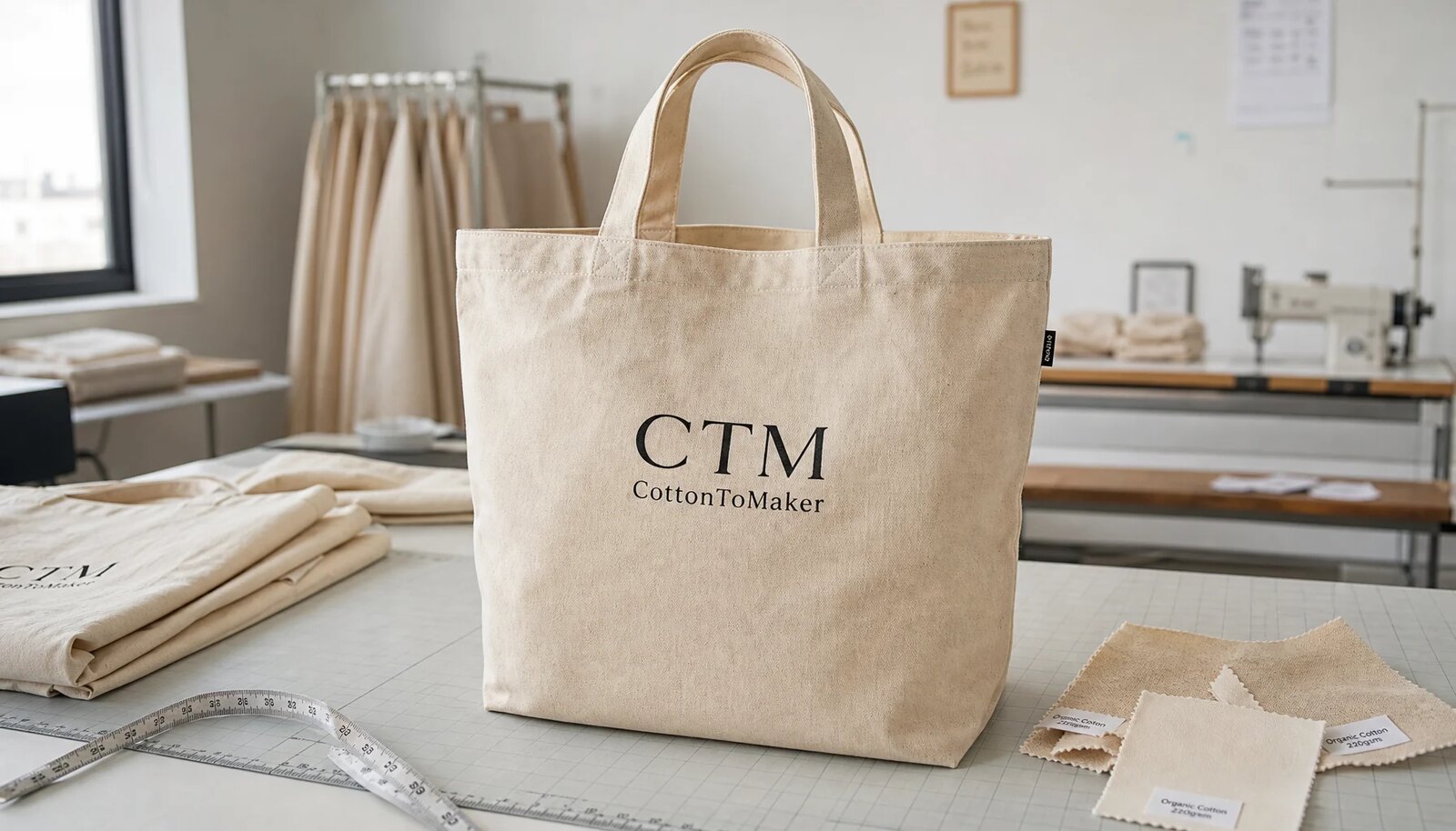 Organic cotton tote bag sample with CTM logo in a factory sample room for durability testing review