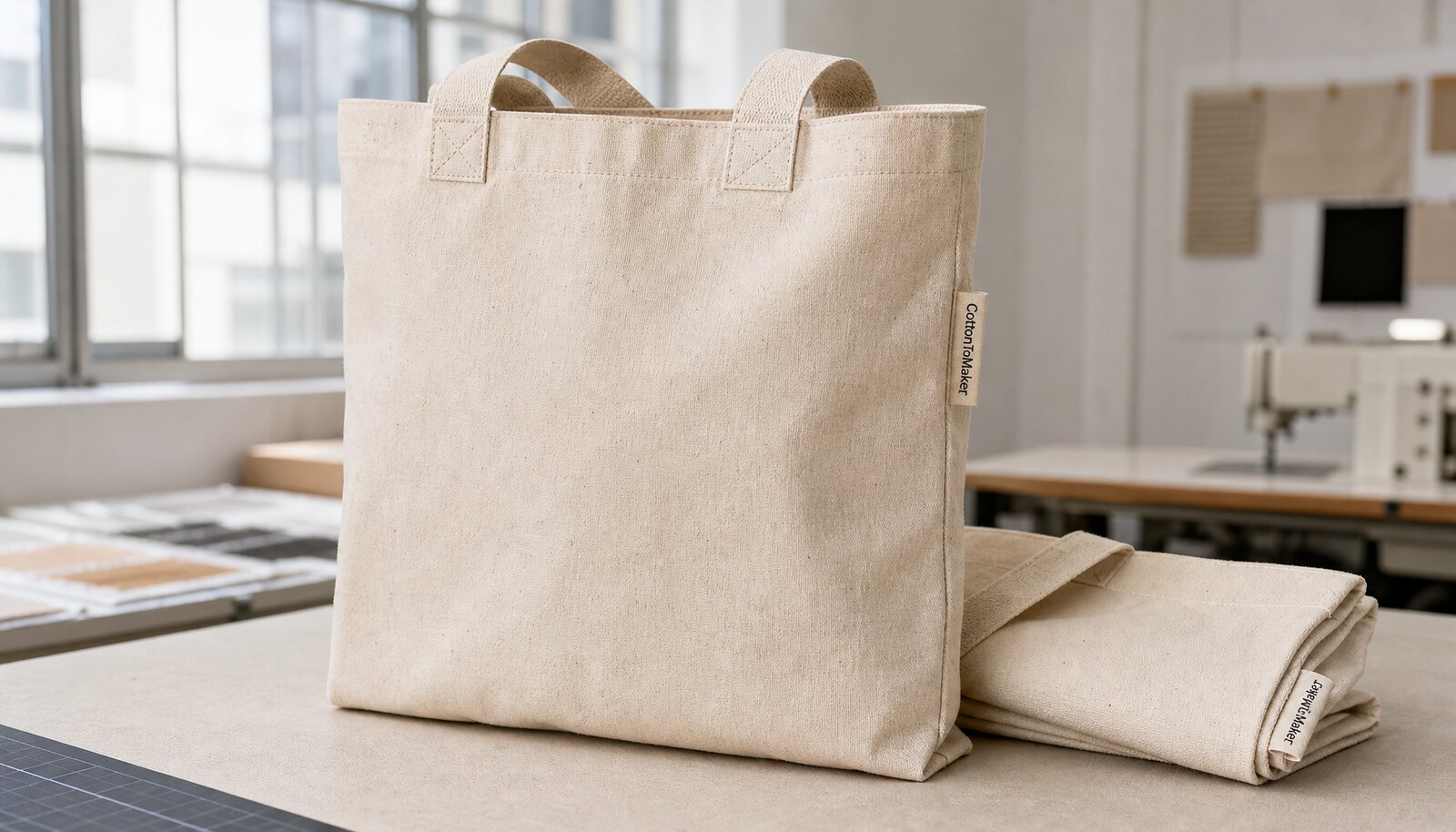 Organic cotton tote bag with a small CottonToMaker sample logo stitched on the side seam in a factory sample room