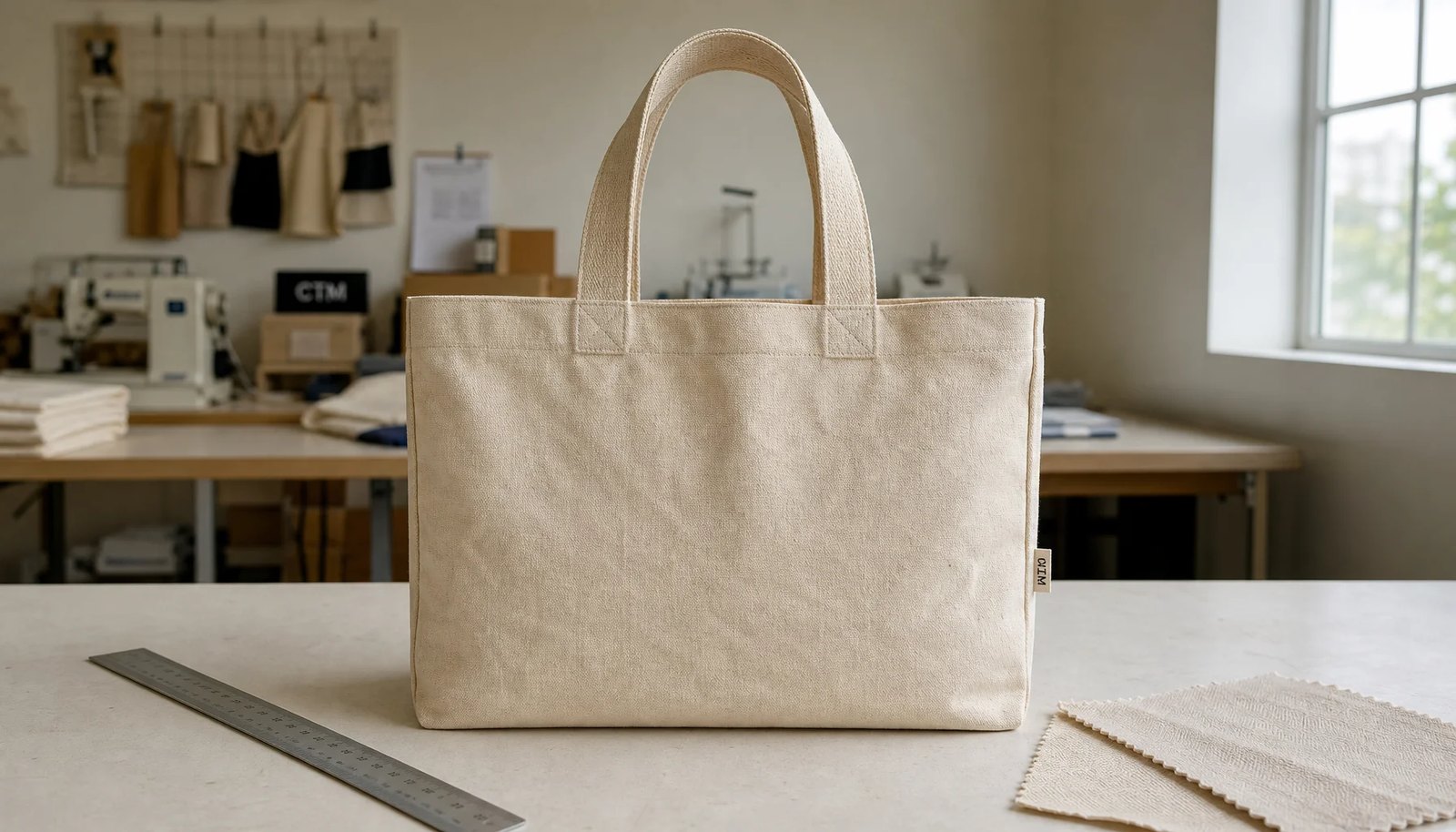 Natural canvas organic cotton tote with a small CTM side label in a factory sample room