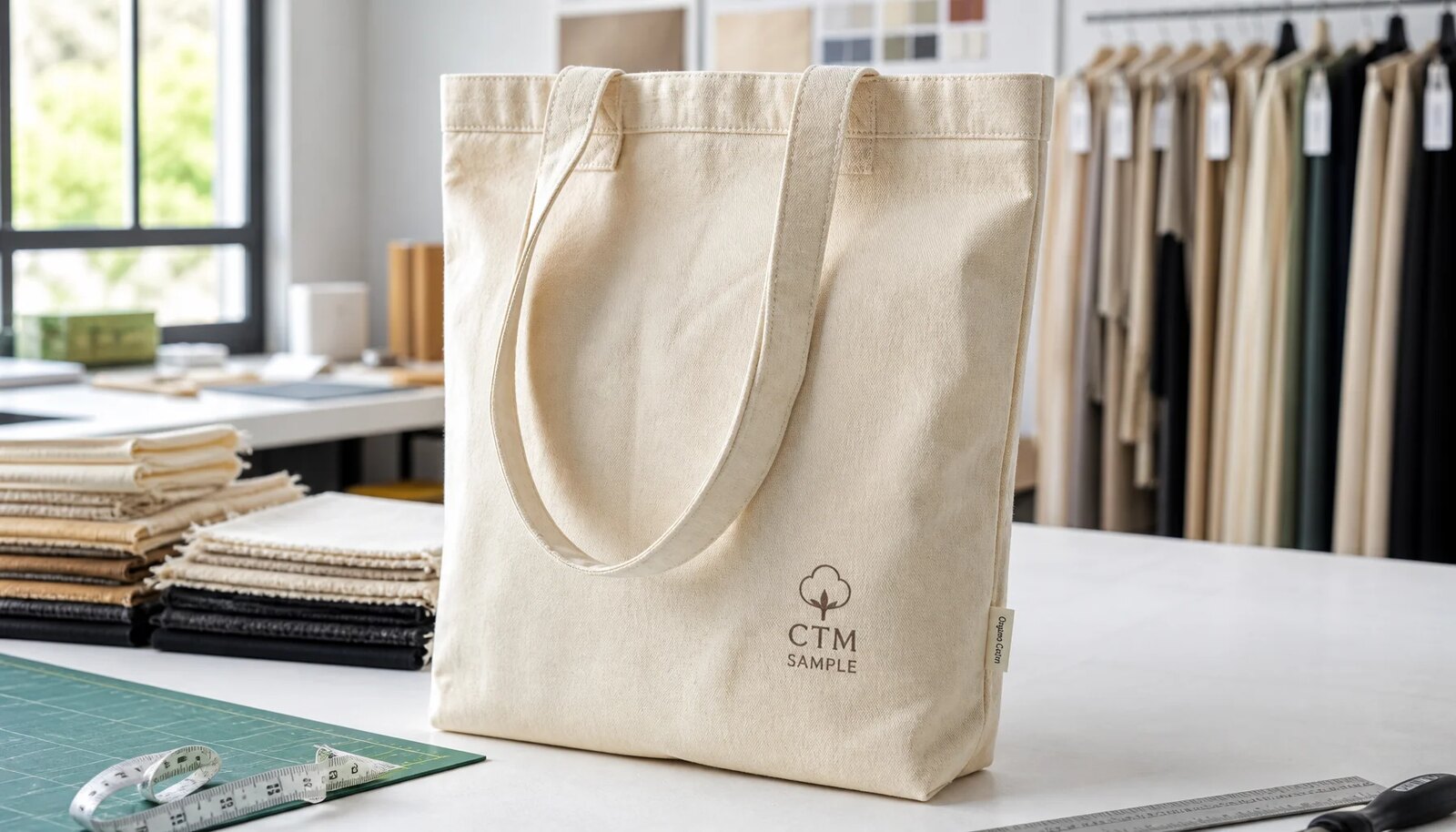 Organic cotton tote bag in a factory sample room with a small CTM logo label and natural fabric texture.