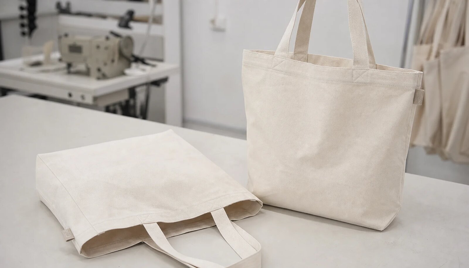 Organic cotton tote bag with a small CTM woven side label in a factory sample room