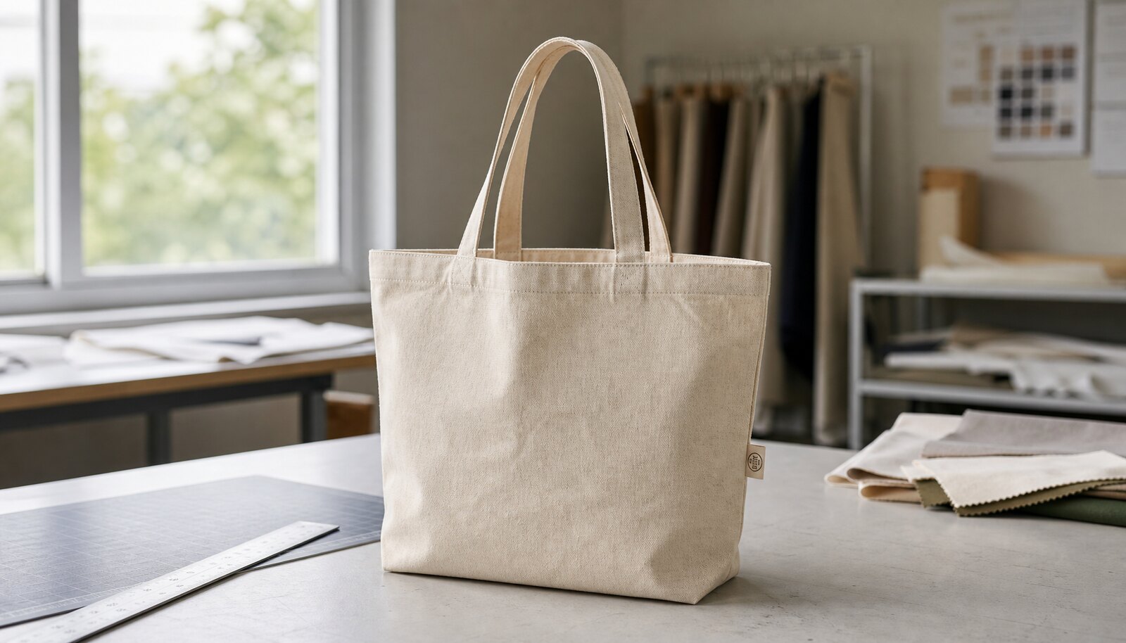 Organic cotton tote with a CTM side label photographed in a clean factory sample room.