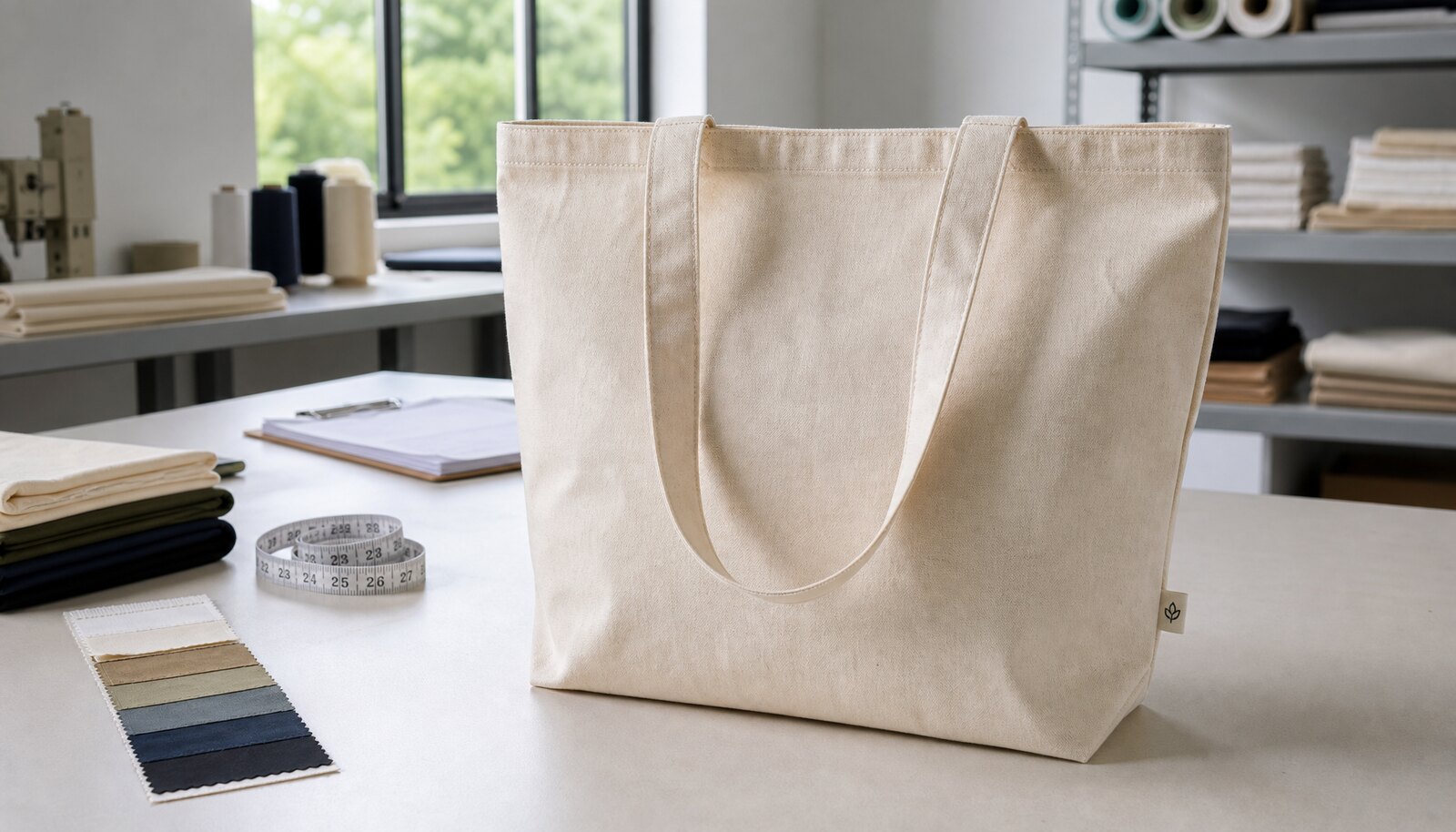 Organic cotton tote bag with a simple CTM sample logo in a factory sample room