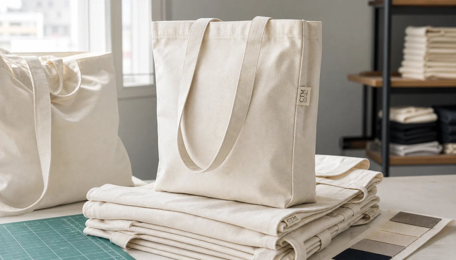 Organic cotton tote bags with a small CTM sample logo on a woven side label in a factory sample room