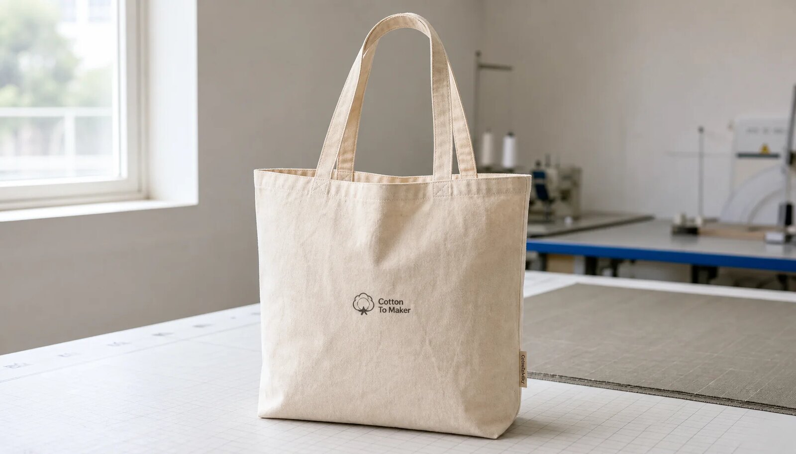 Photorealistic organic cotton tote with a small CTM CottonToMaker sample logo in a factory sample room