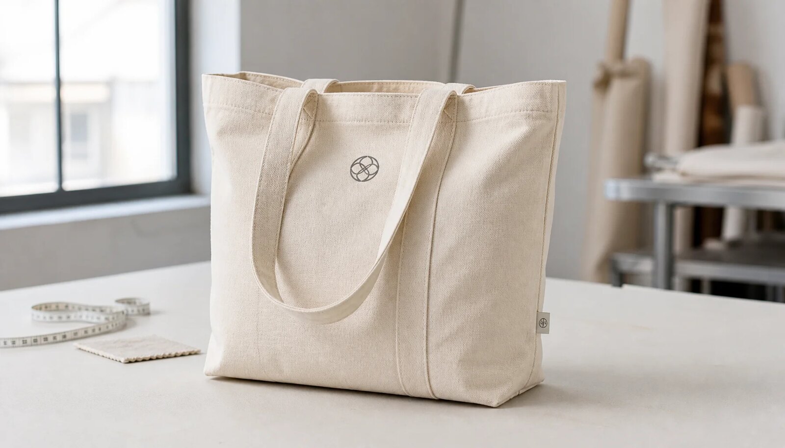 Organic cotton tote bag with a simple CTM sample logo in a factory sample room