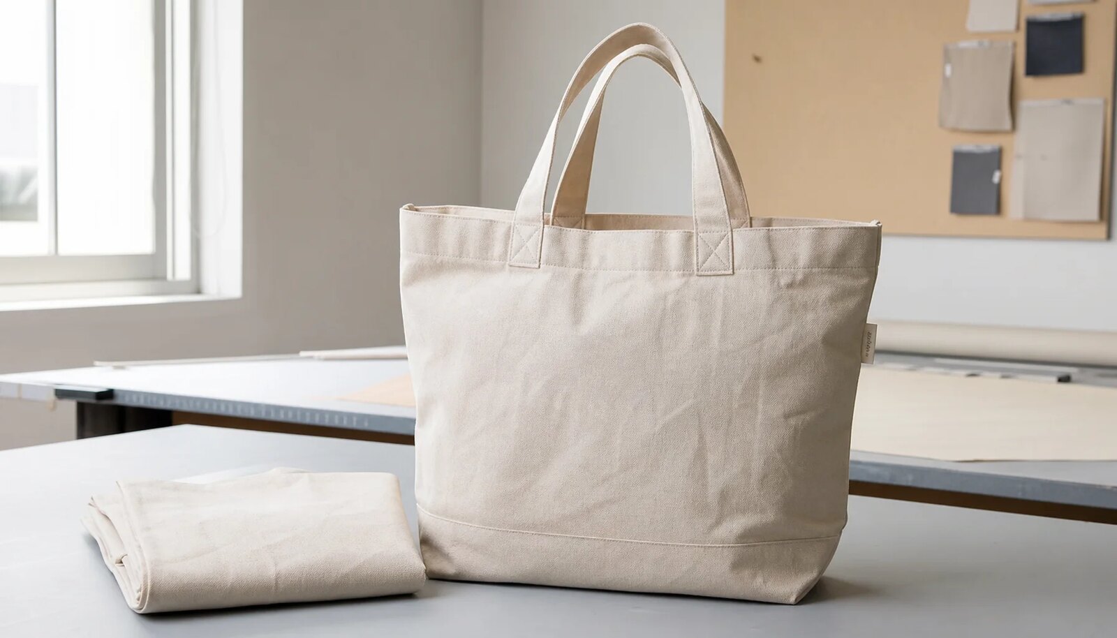 Organic cotton tote bag with CTM CottonToMaker side label and reinforced handles in a factory sample room