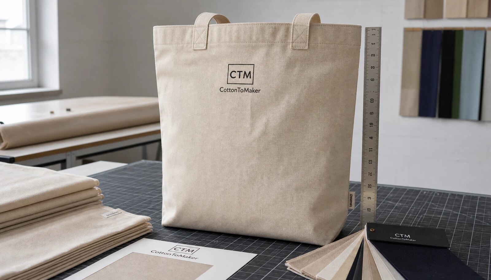 Organic cotton tote with upper-center logo placement, ruler, fabric swatches, and print sample in a factory approval room