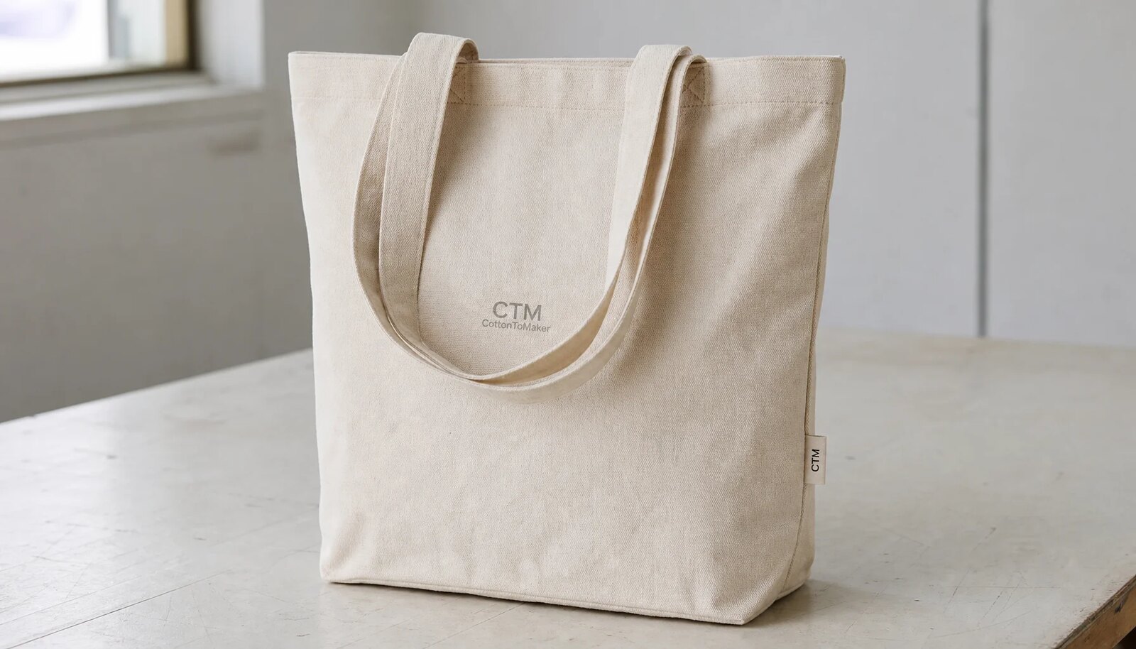 Organic cotton tote bag with a small CTM CottonToMaker logo printed on the front and a stitched side label in a factory sample room.