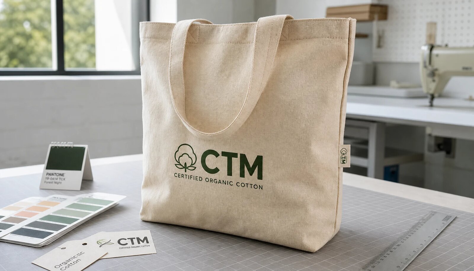 Organic cotton tote sample with a CTM logo printed on the bag in a factory sample room