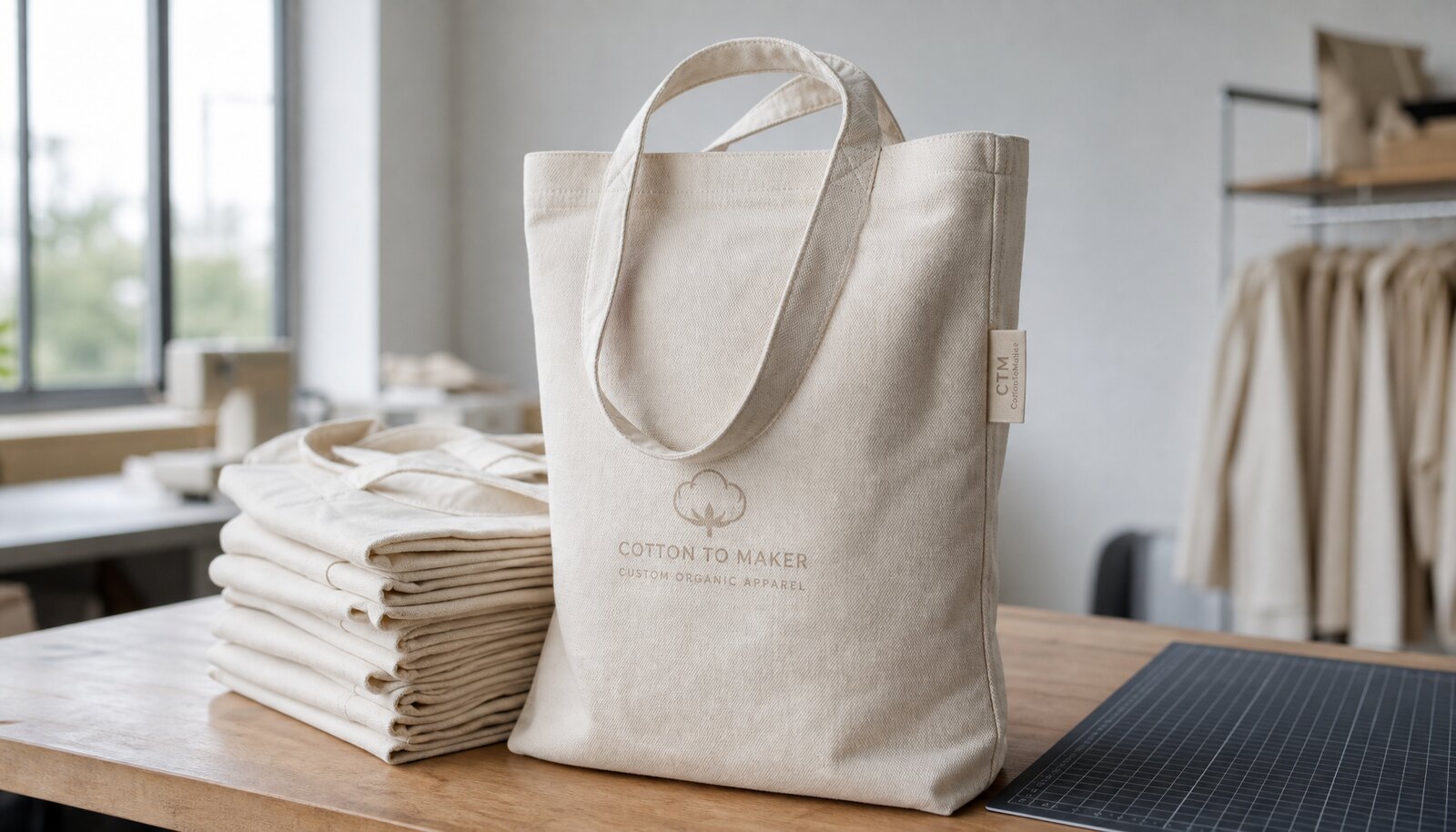 Organic cotton tote bag with a small CTM side label in a factory sample room