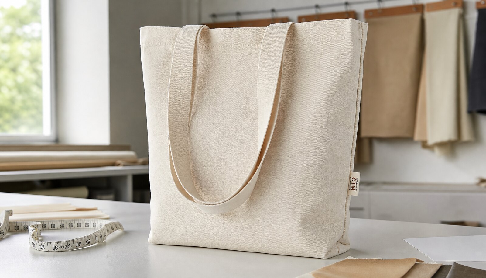 Organic cotton tote bag with a CTM sample label in a clean factory sample room